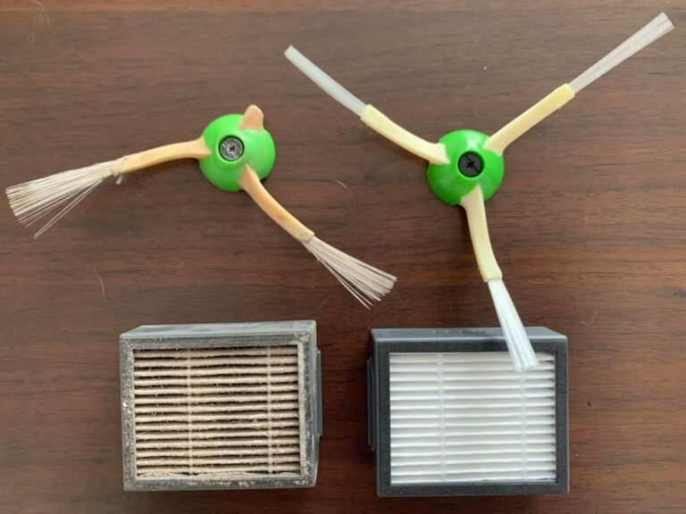 old and new roomba brush and filters