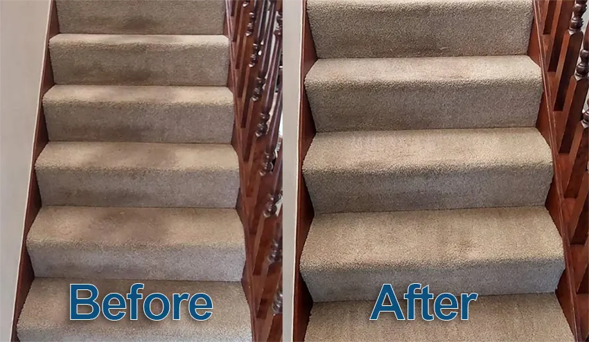 dirty carpeted stairs before and after cleaning