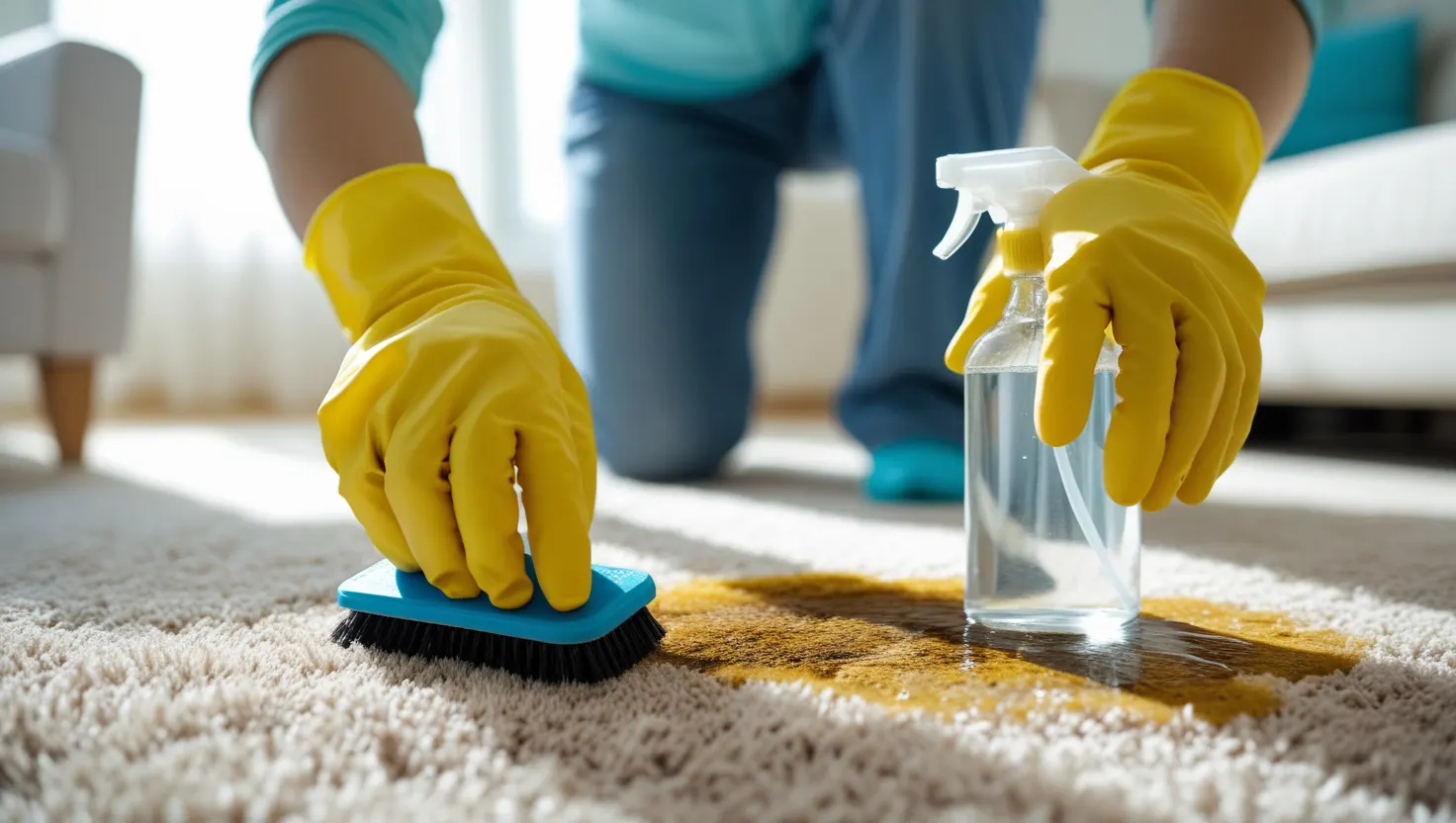 hands scrubbing the pet urine stain on a carpet with a homemade pet odor remover